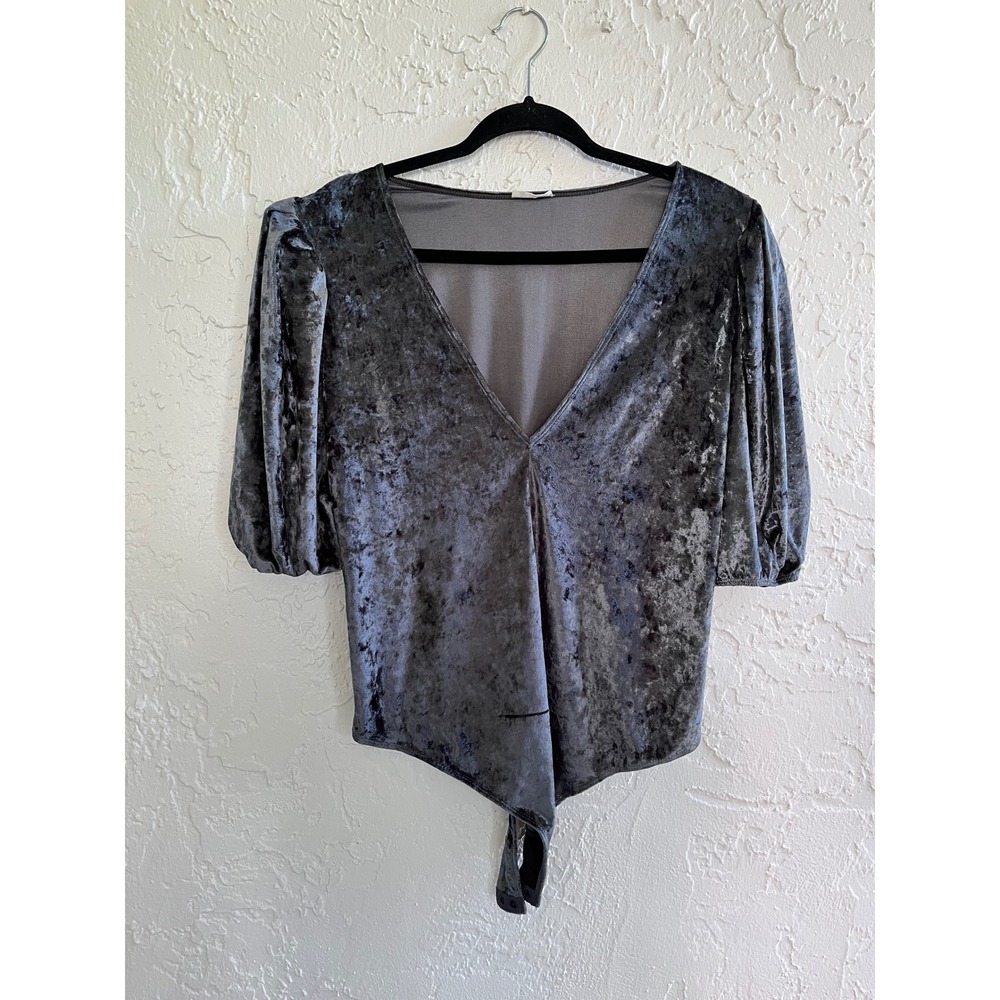 Intimately Free People Grey Crushed Velvet Puff Sleeve V-Neck Bodysuit XL